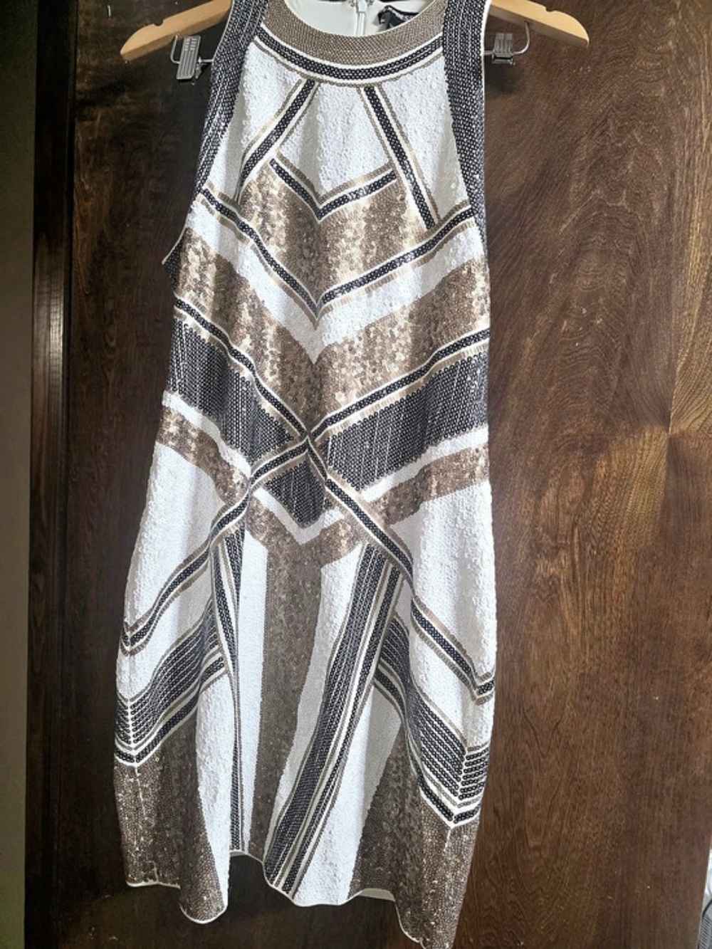 Express Geometric Sequin Halter Mini Dress White & Brown XS